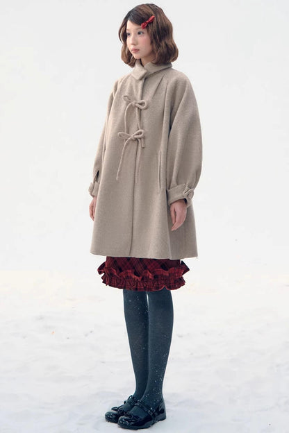 Retro Oatmeal Woolen Bow Coat
