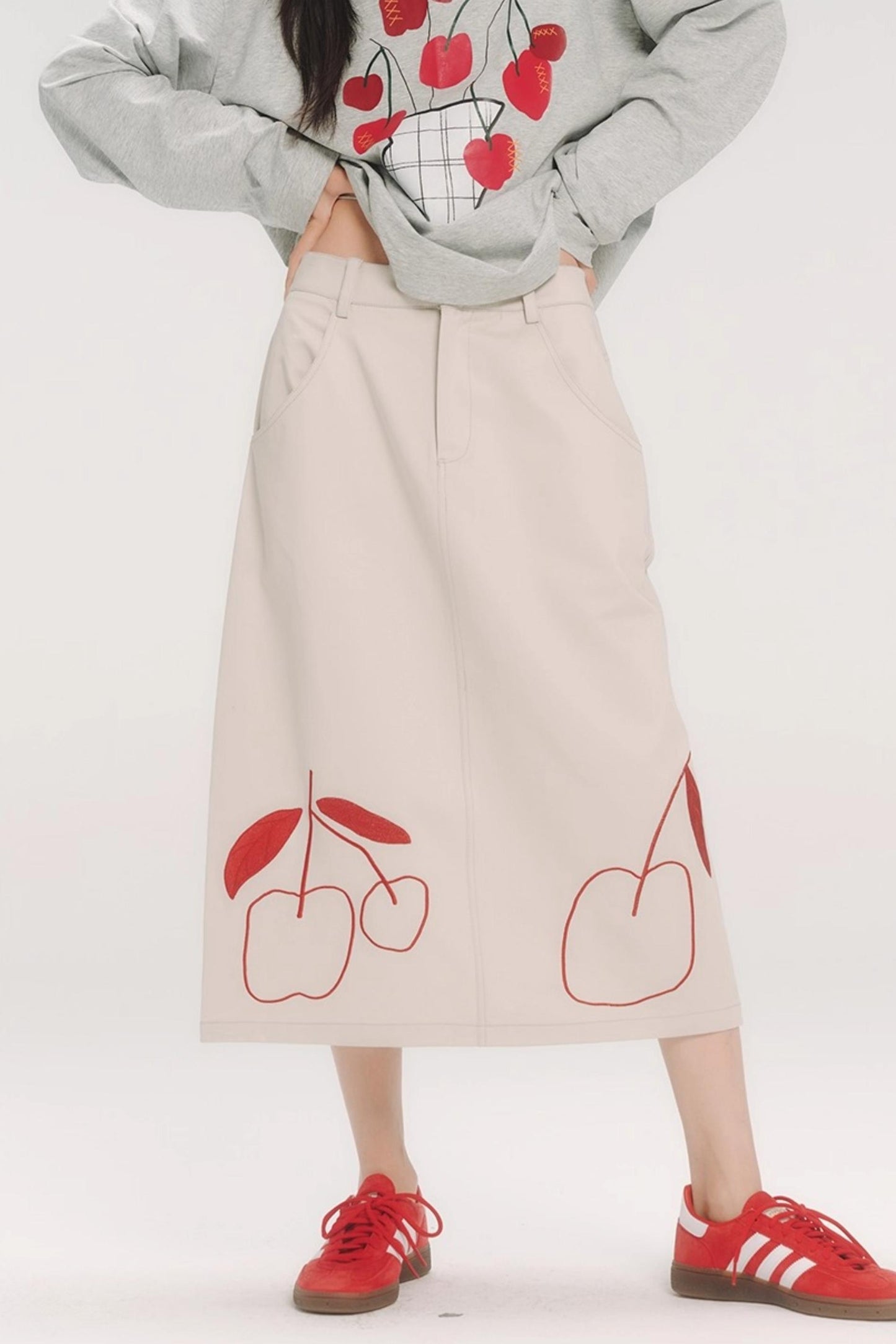 Red Cherry Embroidered Midi Skirt