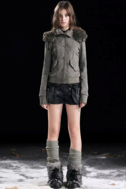 Aged Vintage Detachable Fur Hooded Coat