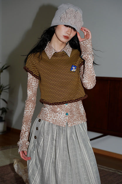 Vintage Striped Rolled Hem Short-Sleeve Top