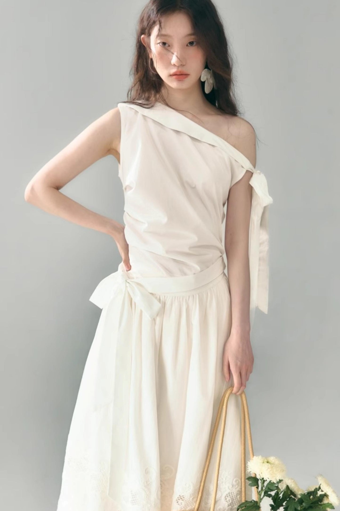Slant Shoulder Tencel Cotton Dress