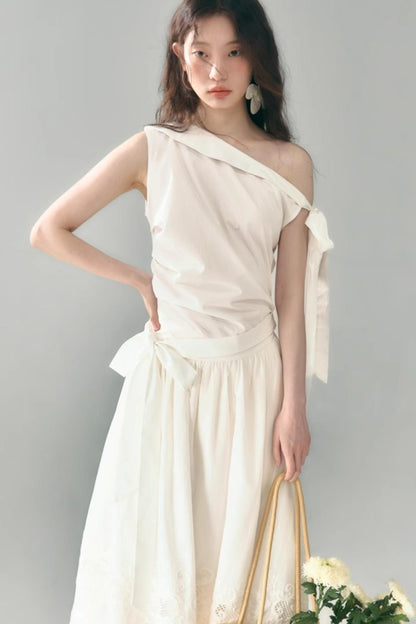 Slant Shoulder Tencel Cotton Dress