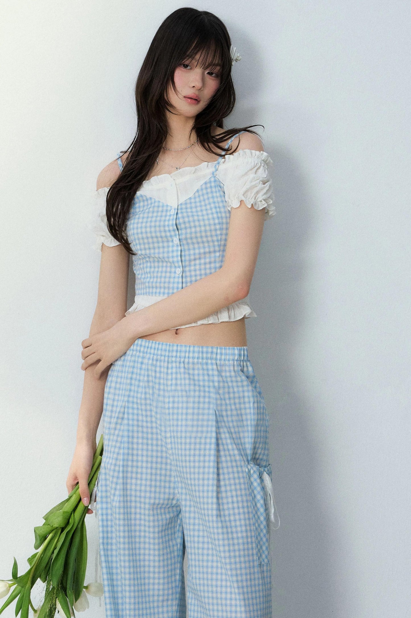 Blue Plaid Off-Shoulder Top Set-Up