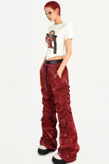 Red Pleated Leather Pants
