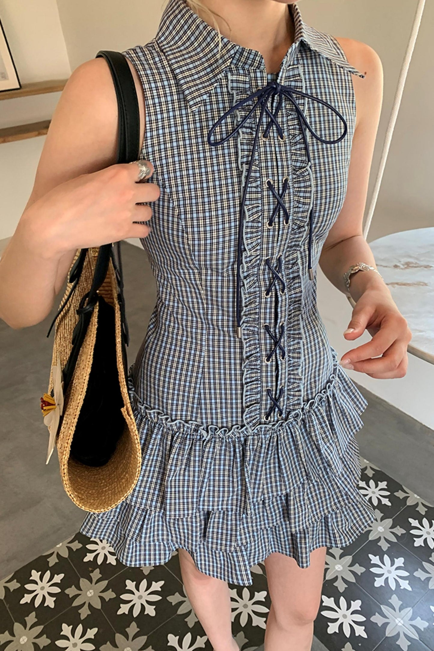 Uena Navy Check Puffy Dress