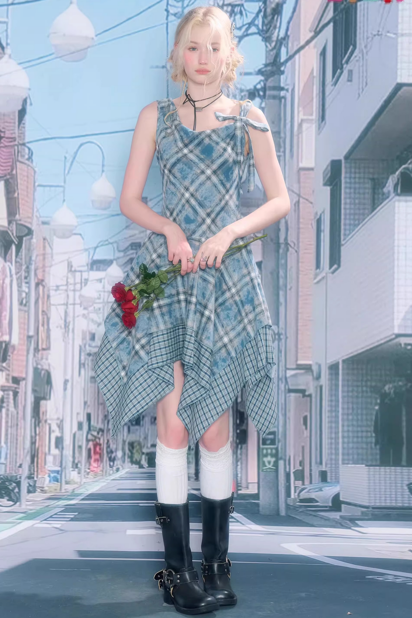 Sea Mist Plaid Strap Dress