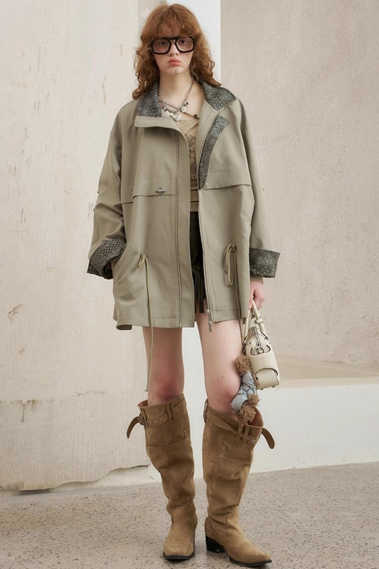 Contrast Windproof Drawstring Midi Trench Coat