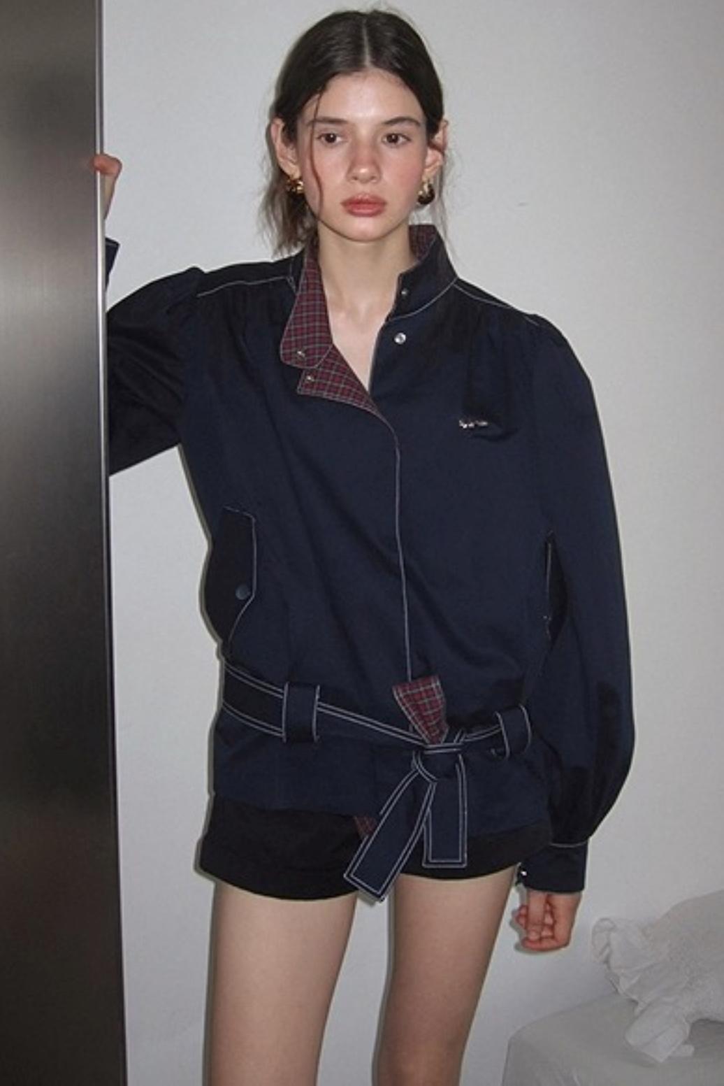 Vintage Navy Blue Patchwork Check Jacket