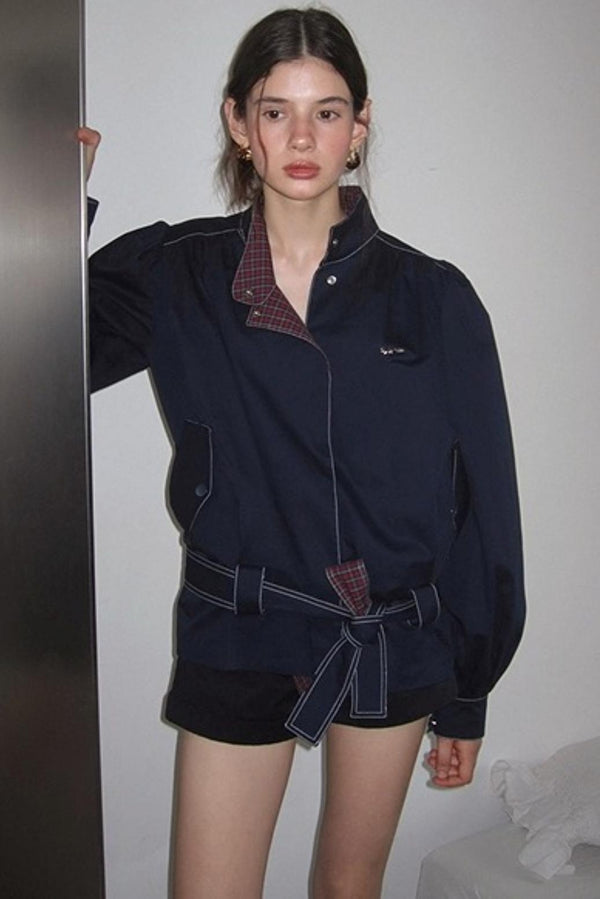 Vintage Navy Blue Patchwork Check Jacket