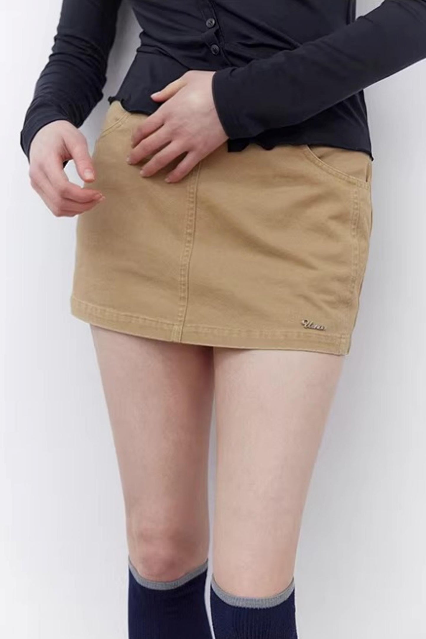 Khaki Waist Patchwork Ribbed Skirt