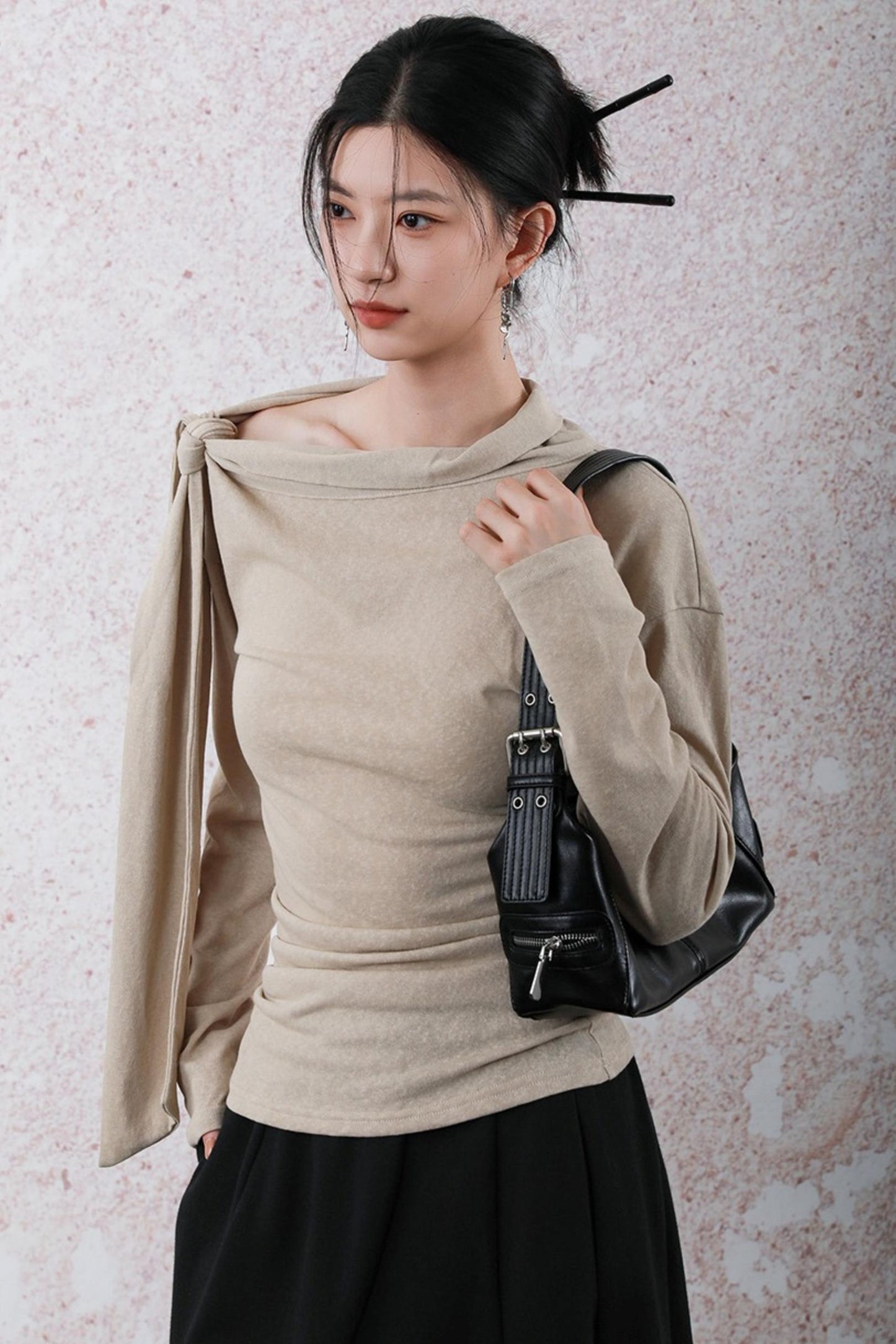Milk Tea Long Sleeve One-Shoulder Top