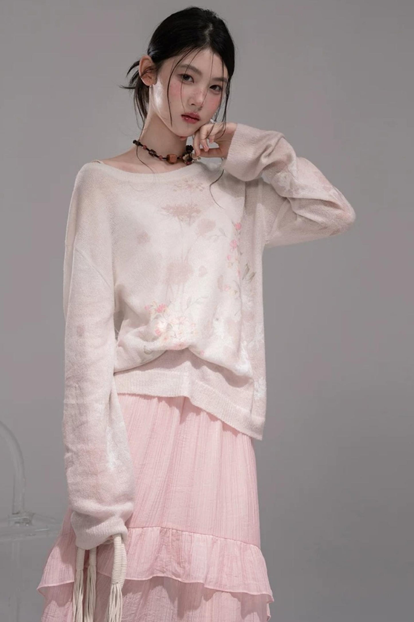 Pink Khaki Gradient Knit Blouse