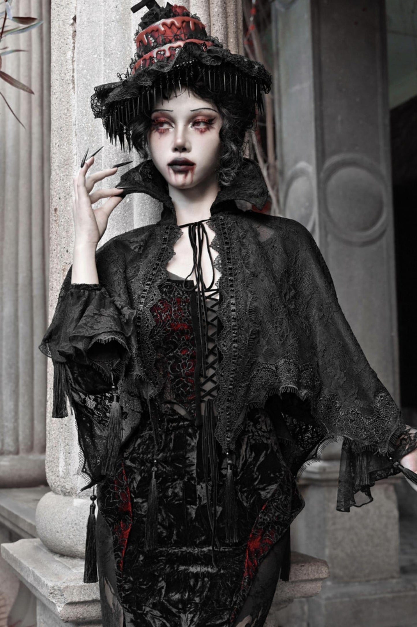 Crimson Blood Gothic Lace Cape Set-Up