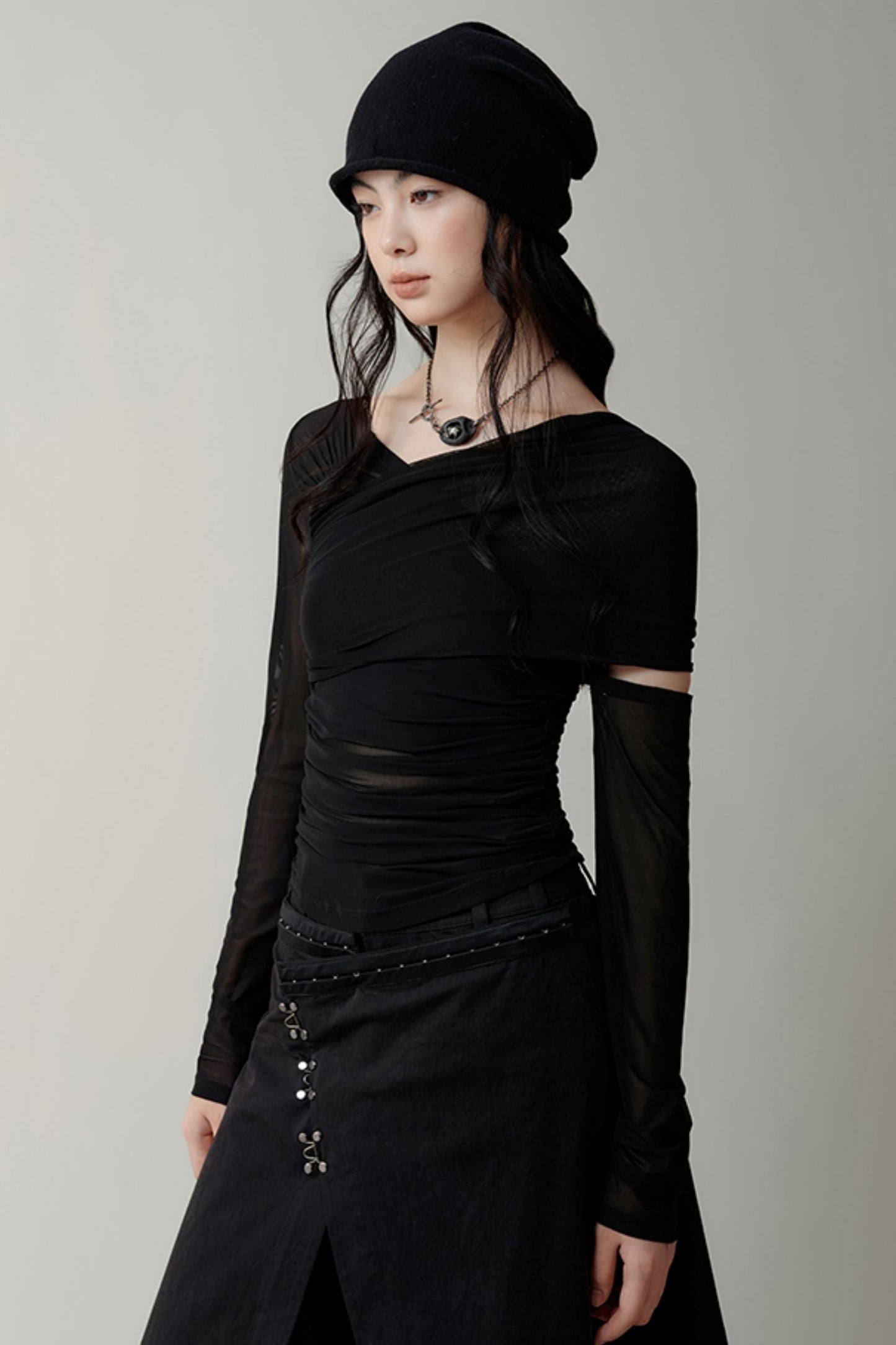 Asymmetrical Sheer Mesh Pleated T-Shirt