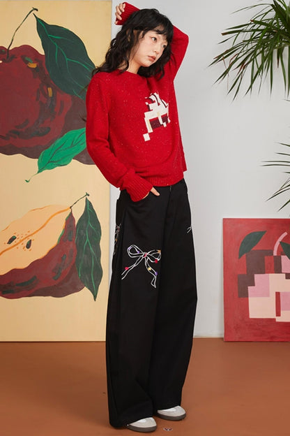 Loose Fit Bow Embroidery Pants