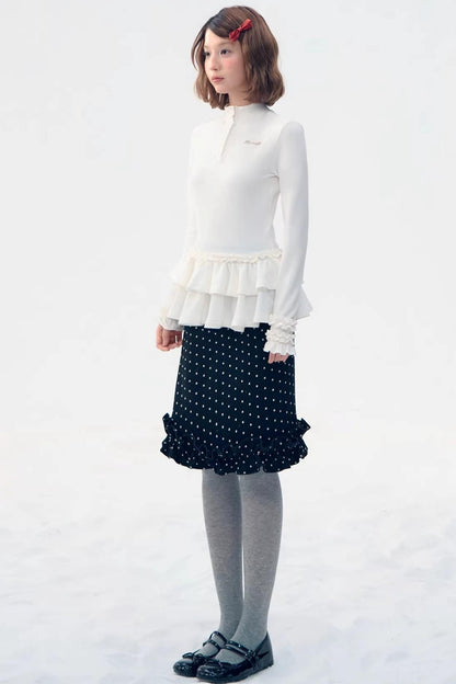 Six-Button Lace Hem Blouse Top