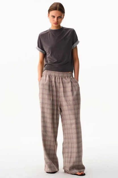 Blue Plaid Wide-Leg Pants