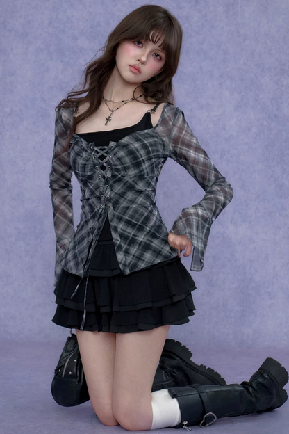 Gray Plaid Tie-Neck Top Set-Up