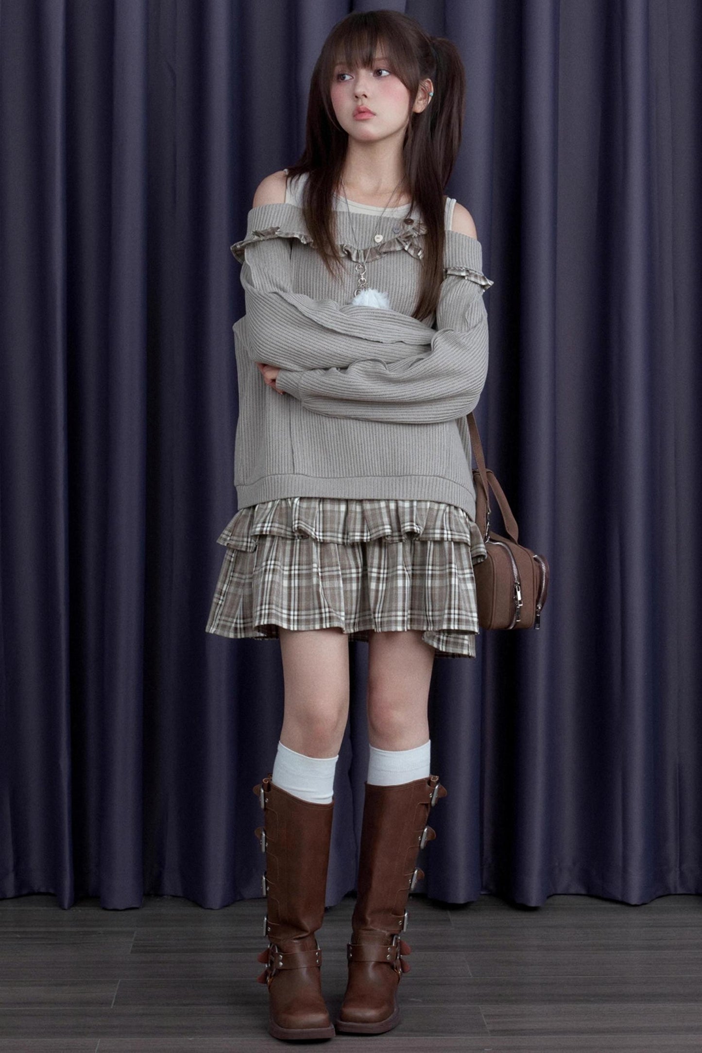 Sweet Brown Patchwprk Plaid Dress