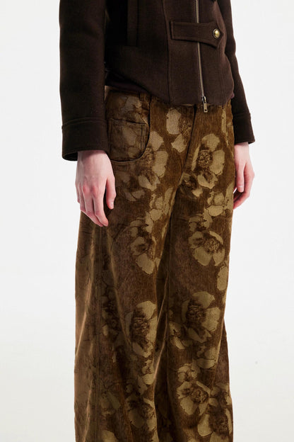 Brown Floral Jacquard Pants