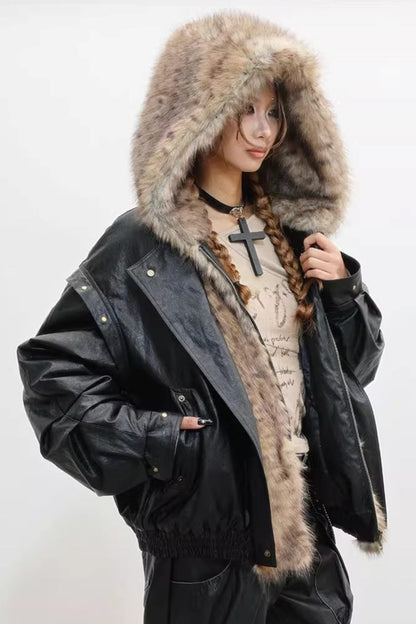 Invisible Fur Patchwork Leather Jacket