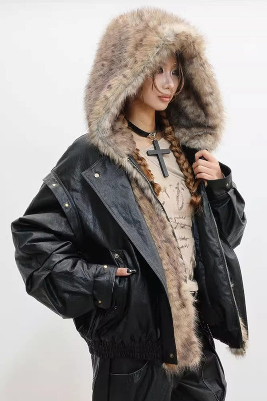 Invisible Fur Patchwork Leather Jacket