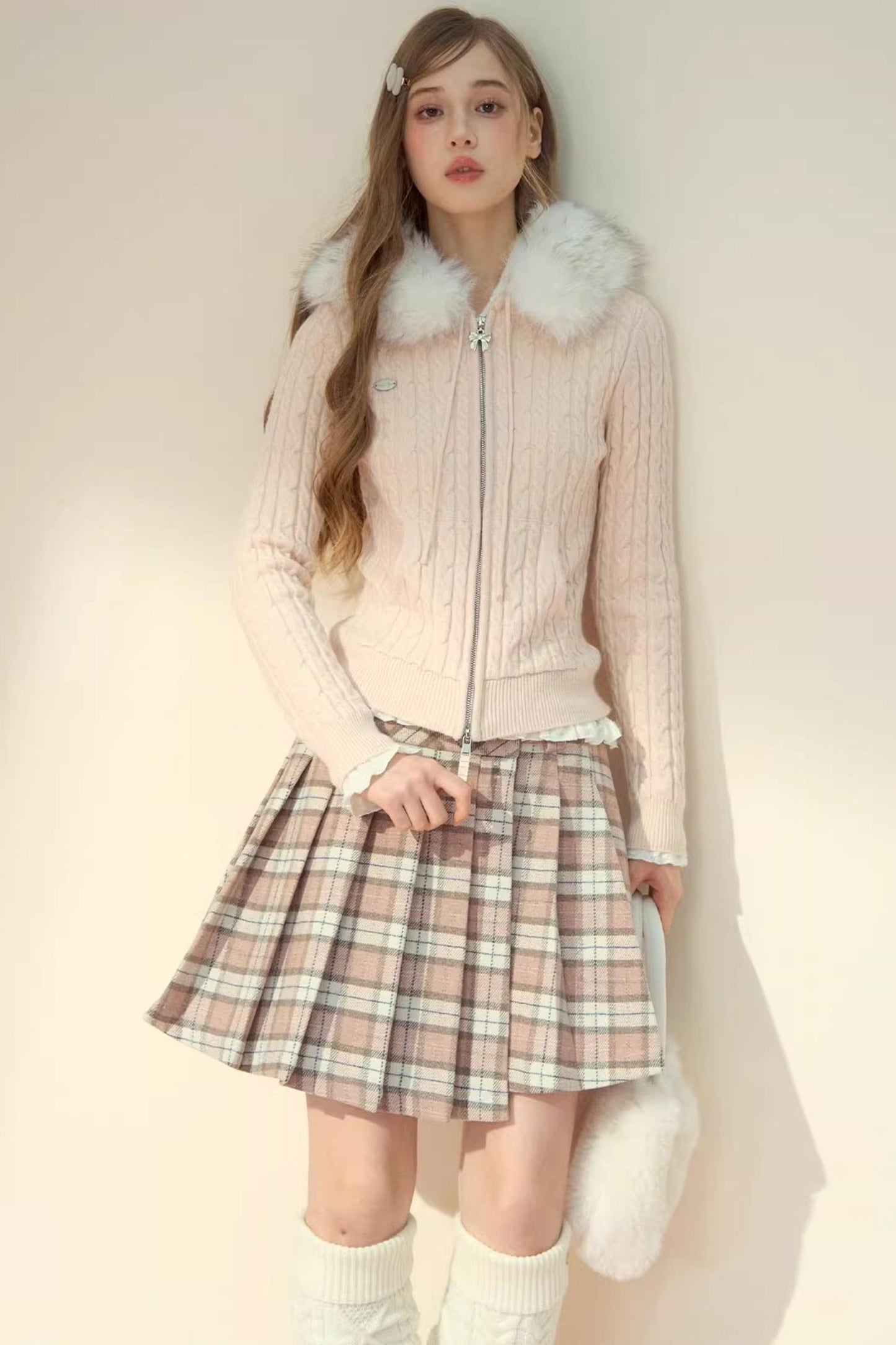 Fur Collar Detachable Knit Jacket