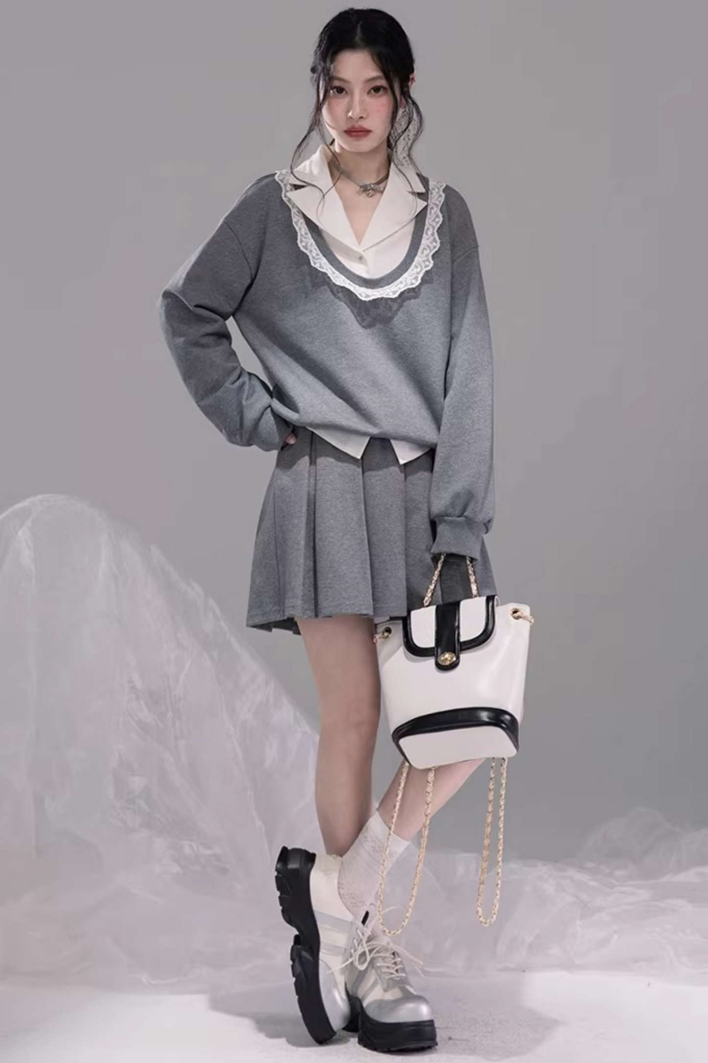 Chenwu Gray Pleated Skirt Sweatshirt Set