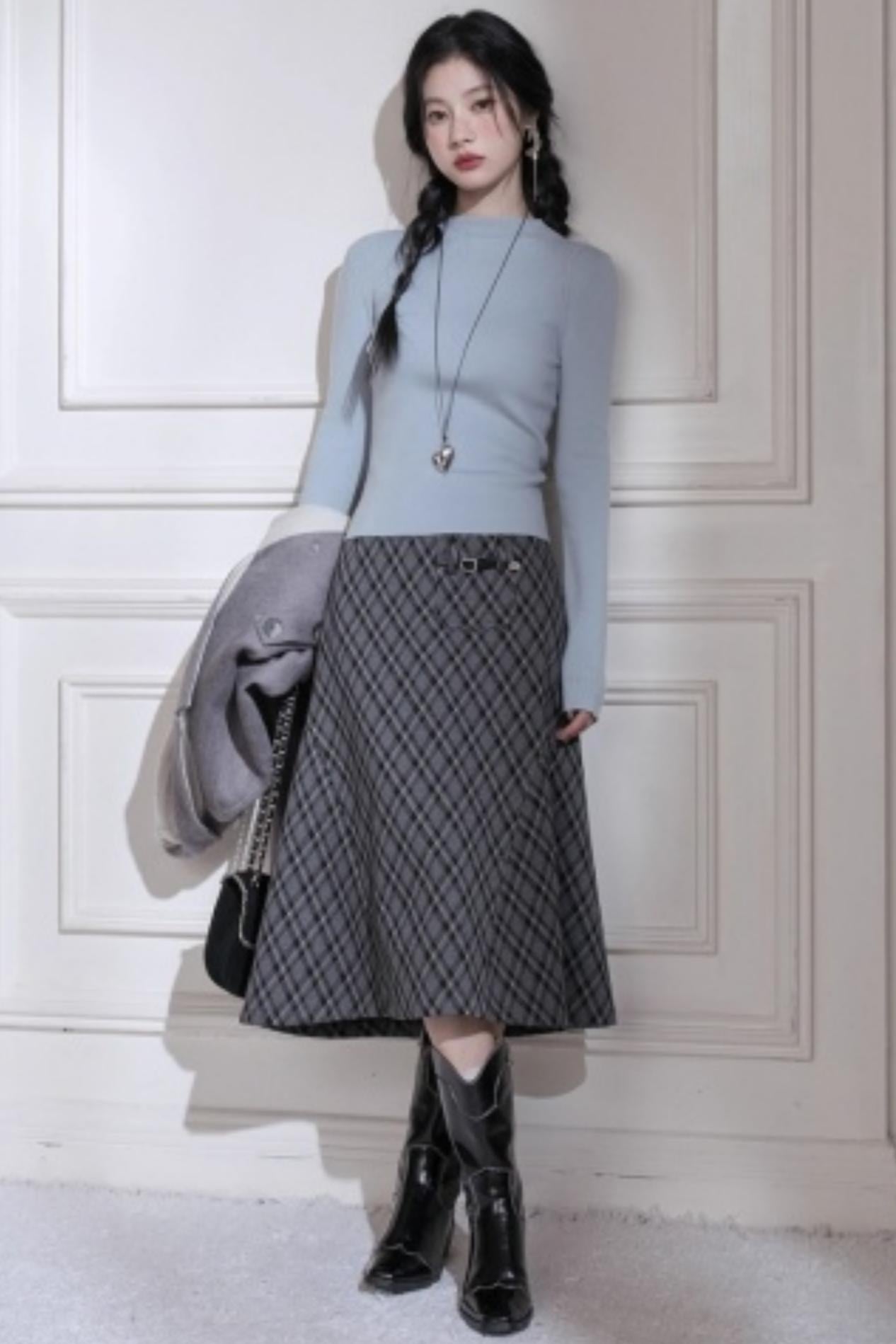 Gray Plaid Leather Midi Skirt