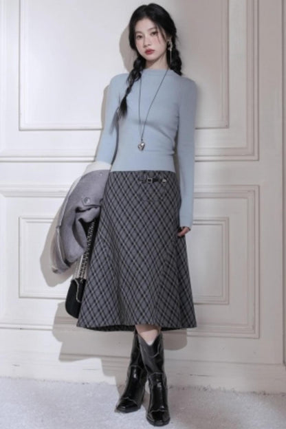 Gray Plaid Leather Midi Skirt