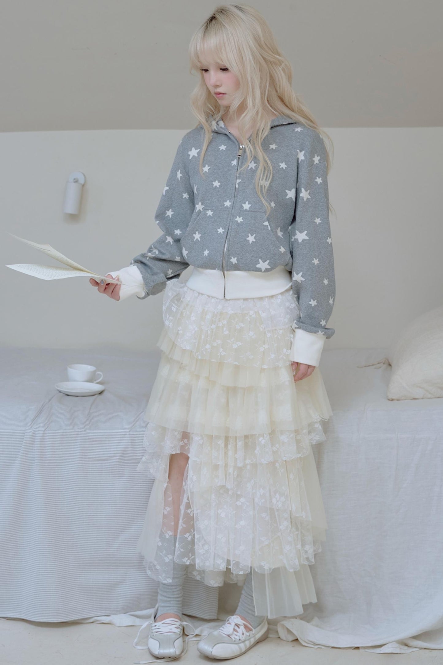 Beige Lace Patchwork Chiffon Skirt