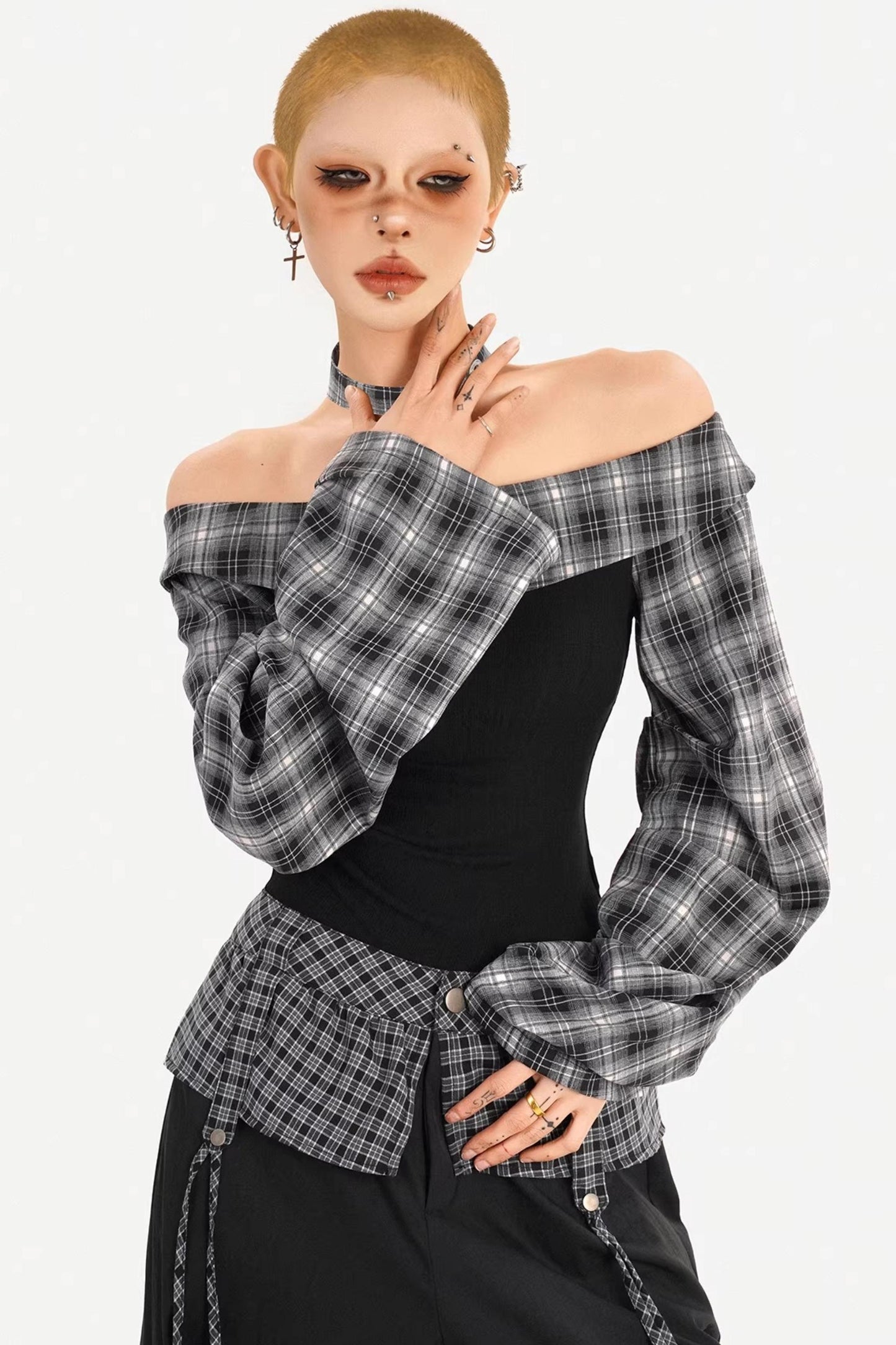Plaid Off-Shoulder Pants Set-Up