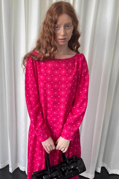 Smell Love Bow Rose Red Plaid Long Sleeve Dress