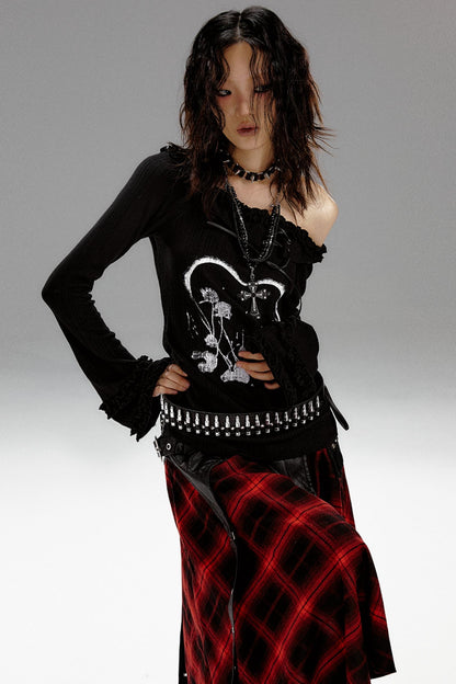 Retro Slim Print Hooded Knit Top