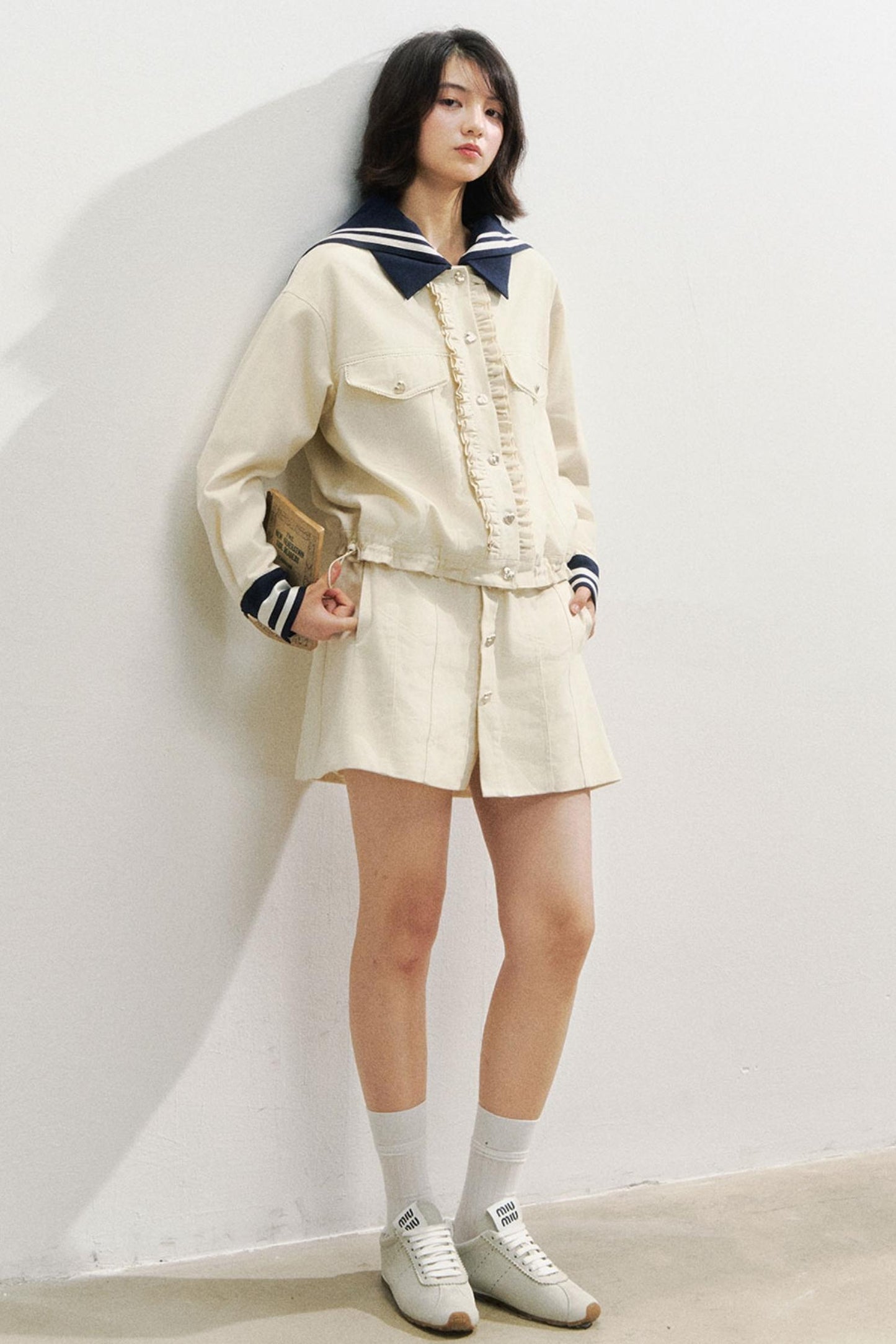 Beige Navy Collar Jacket Set-Up