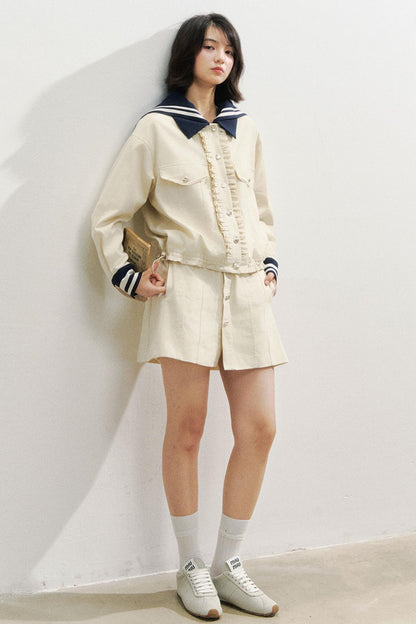 Beige Navy Collar Jacket Set-Up