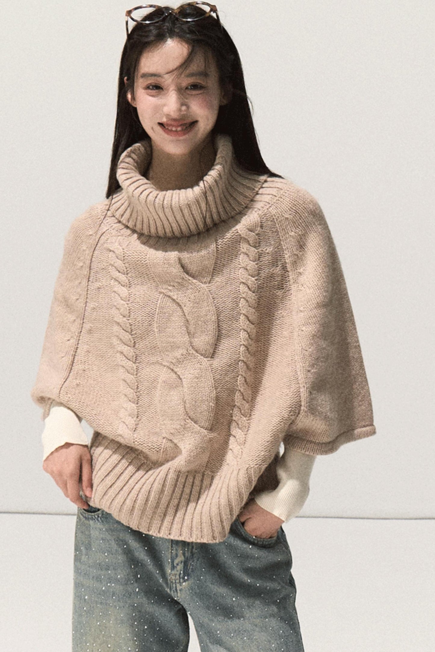 Moon Wool Twist Knit Cape Sweater Set-Up