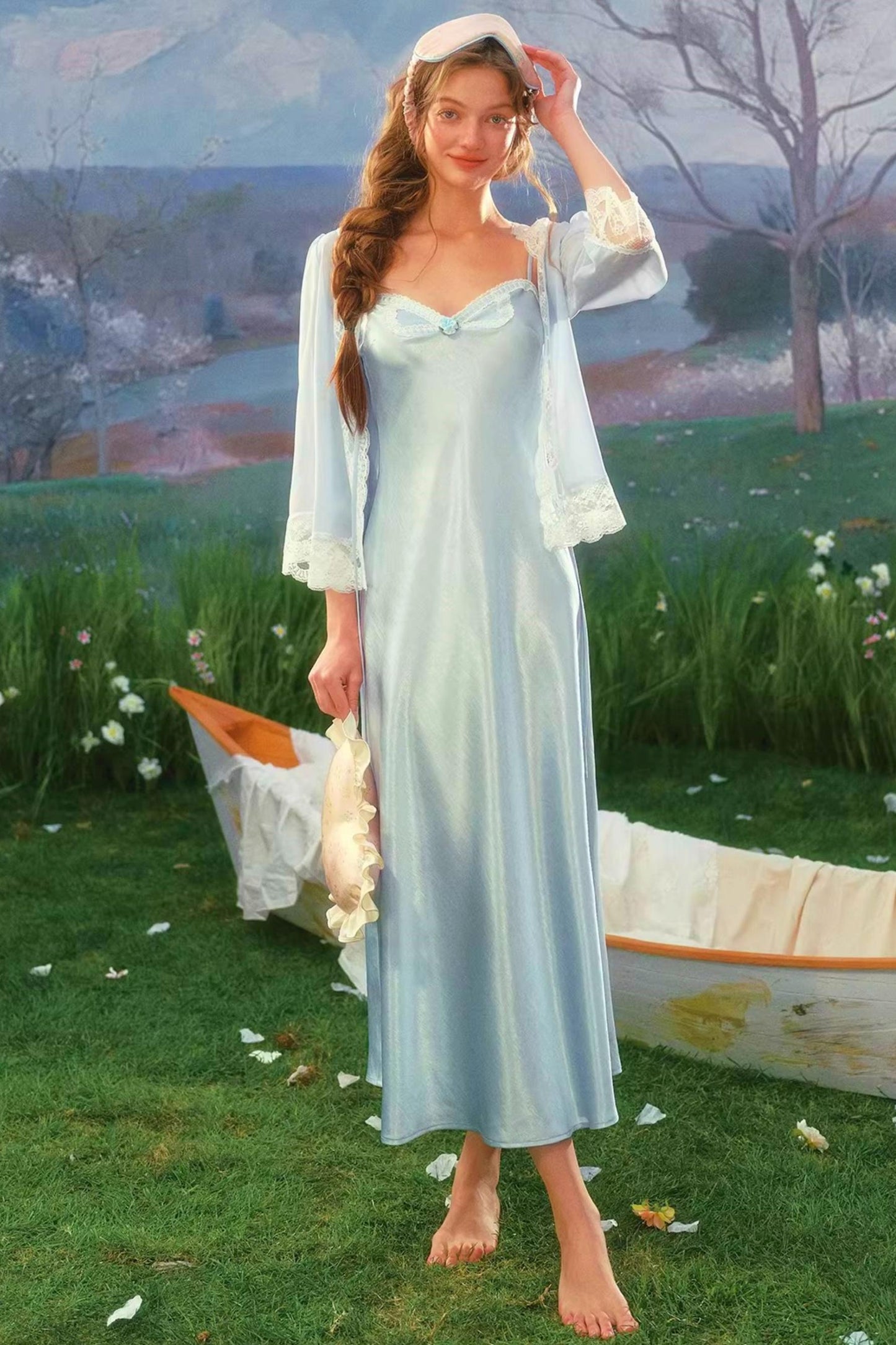 Blue Satin Cardigan Dress Set-Up