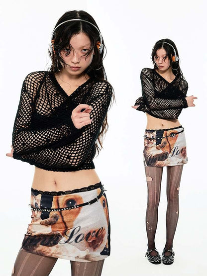 Dog & Cat Print Hip Hug Tight Mini Skirt