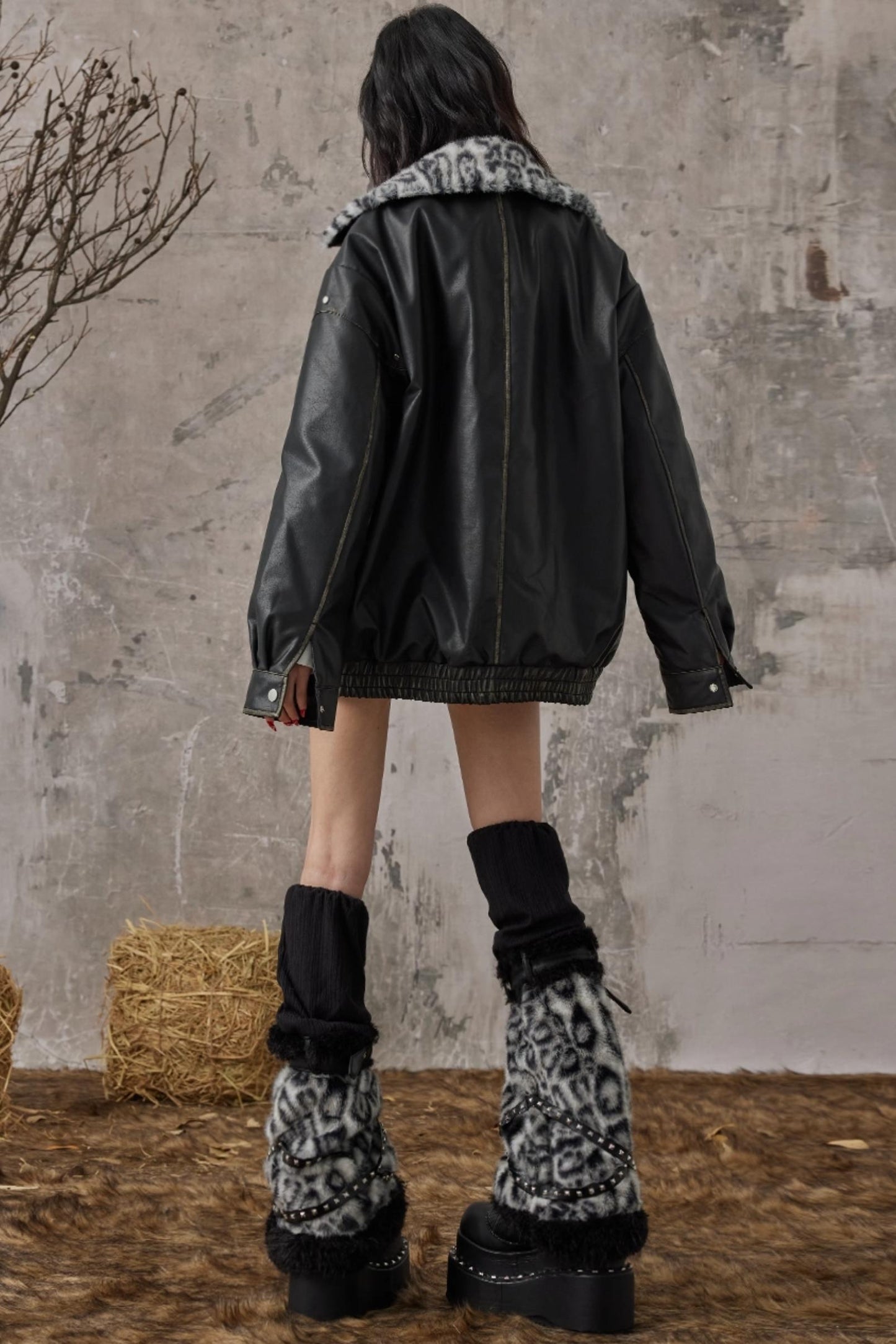 Star Leopard Print Vintage Leather Jacket