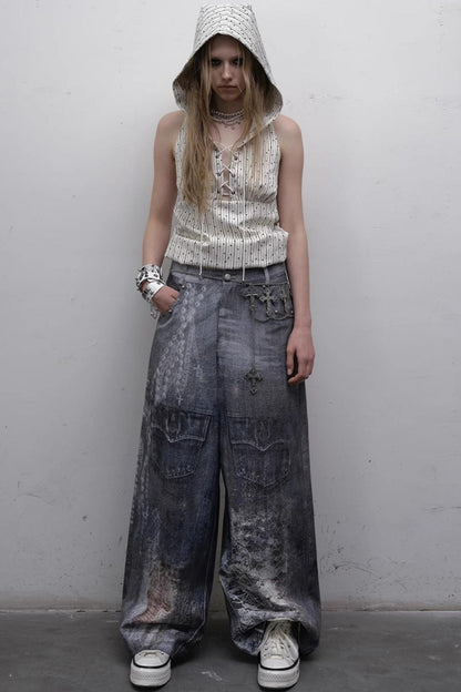 Printed Blue Wide-Leg Denim Pants