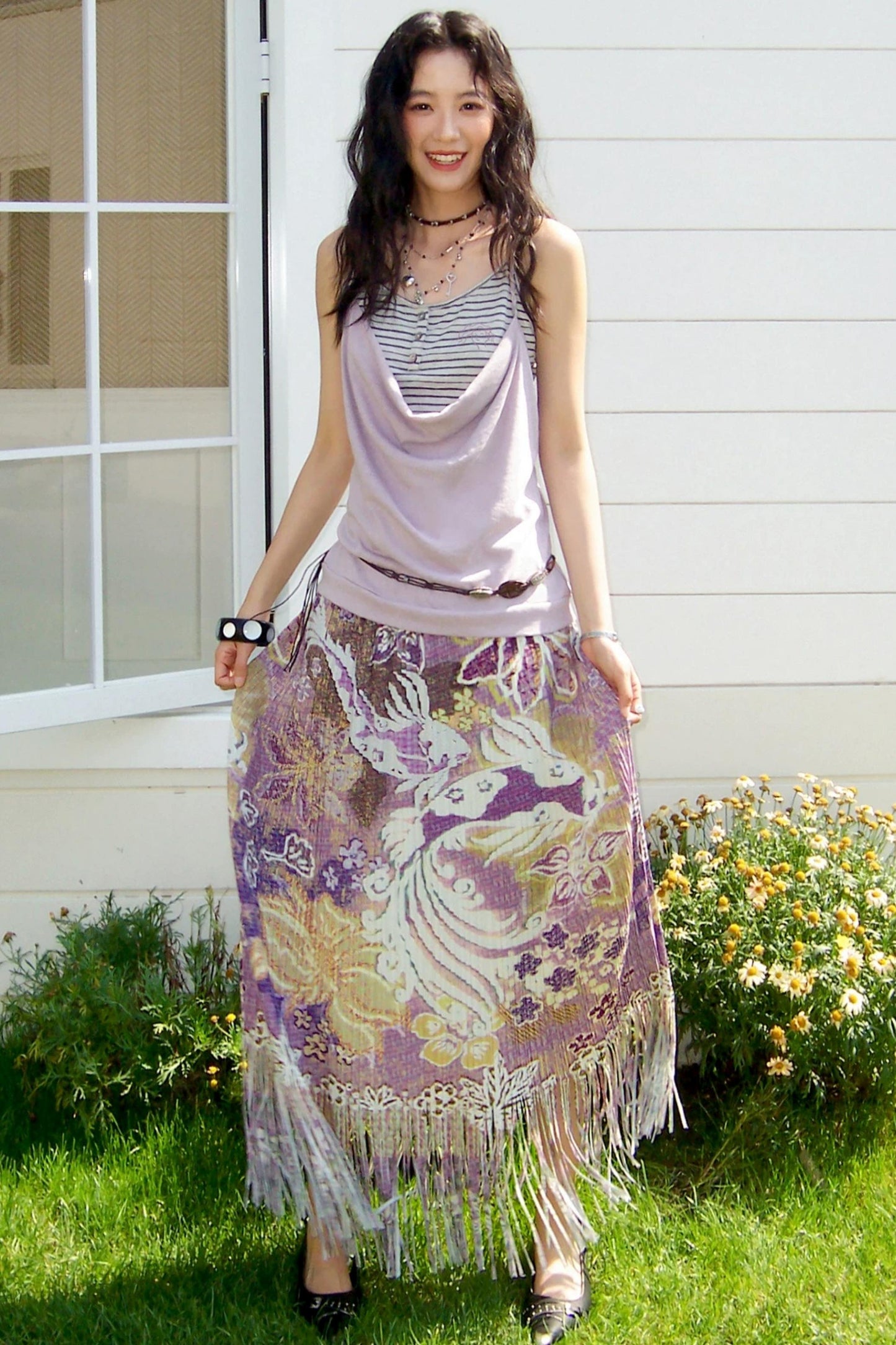 Pleated Satin Floral Skirt
