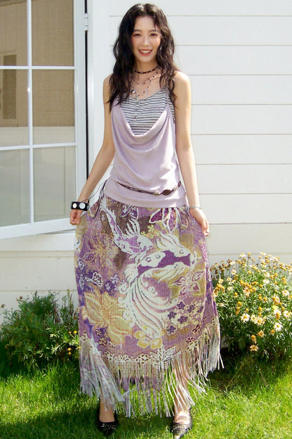 Pleated Satin Floral Skirt