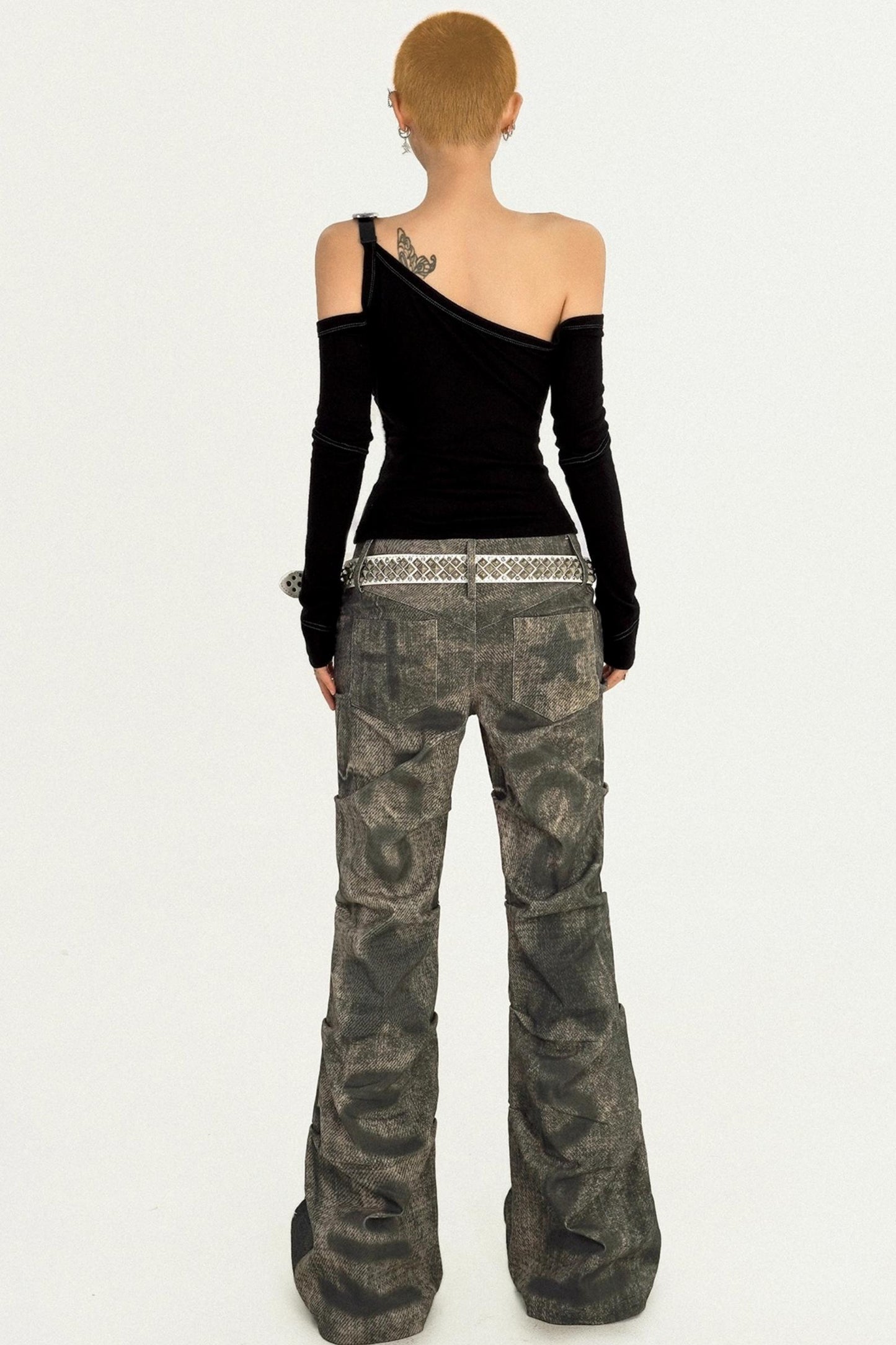 Black Flocked Sleeve Slim Top