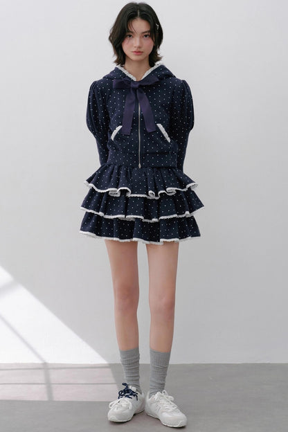 Navy Polka Dot Hooded Tracksuit Set-Up