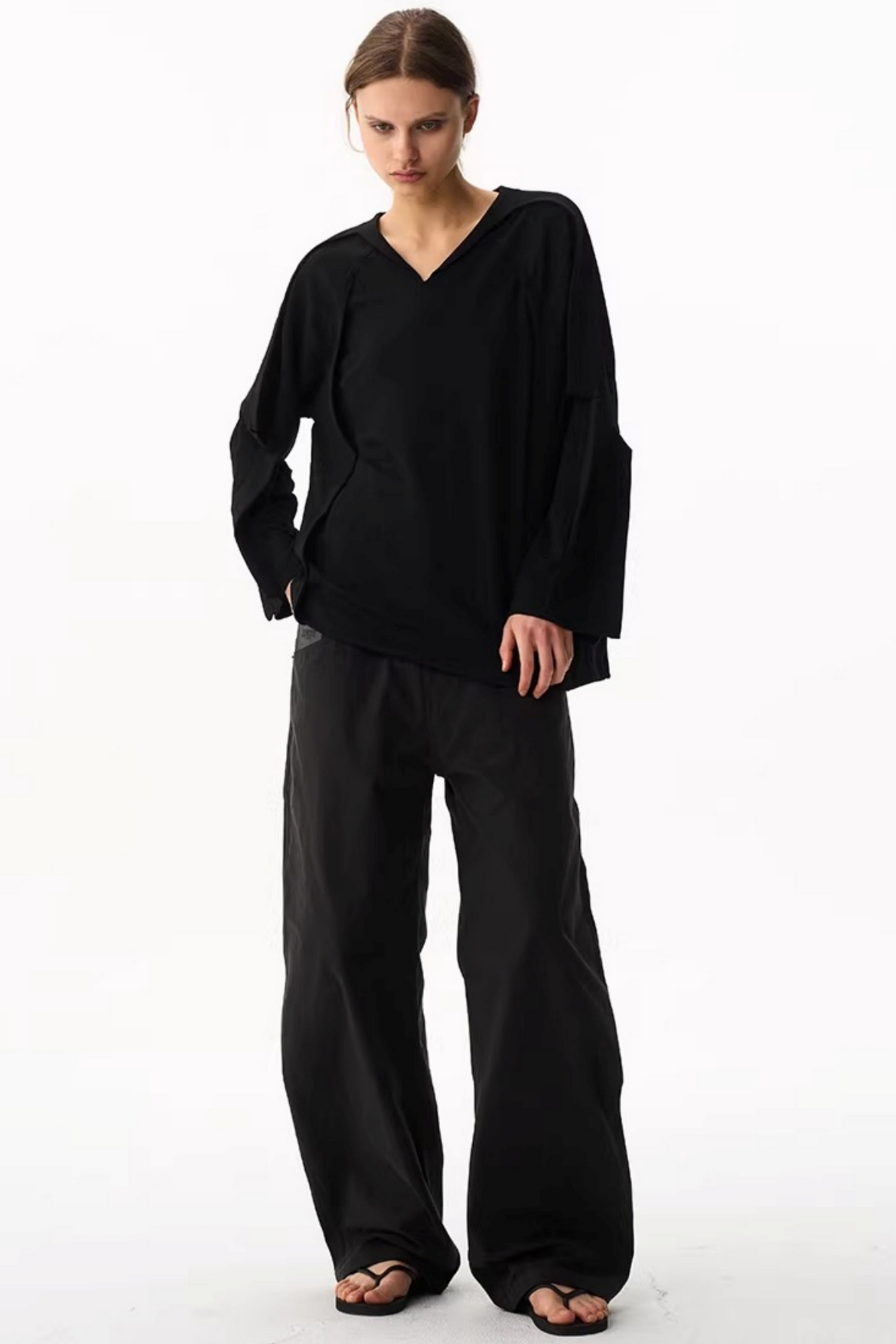 V-Neck Contrasting Long-Sleeved Top