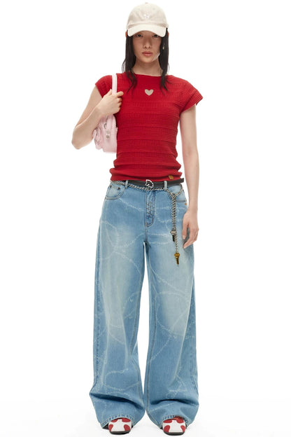 Washed Laser Print Denim Pants
