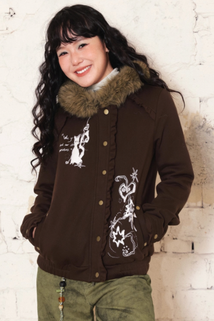 Dark Brown Hooded Jacket Skirt Set-Up