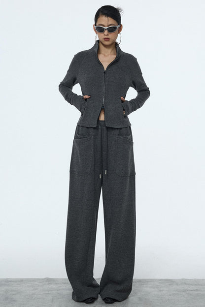 Gray Zipper Slim-Fit Top & Pants Set-Up