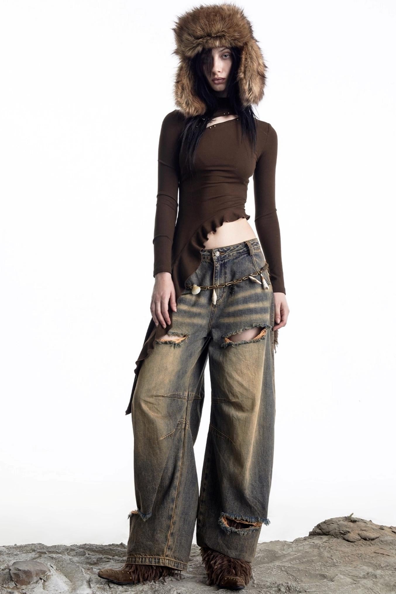 Openwork Rivet Ruffled Knit Top